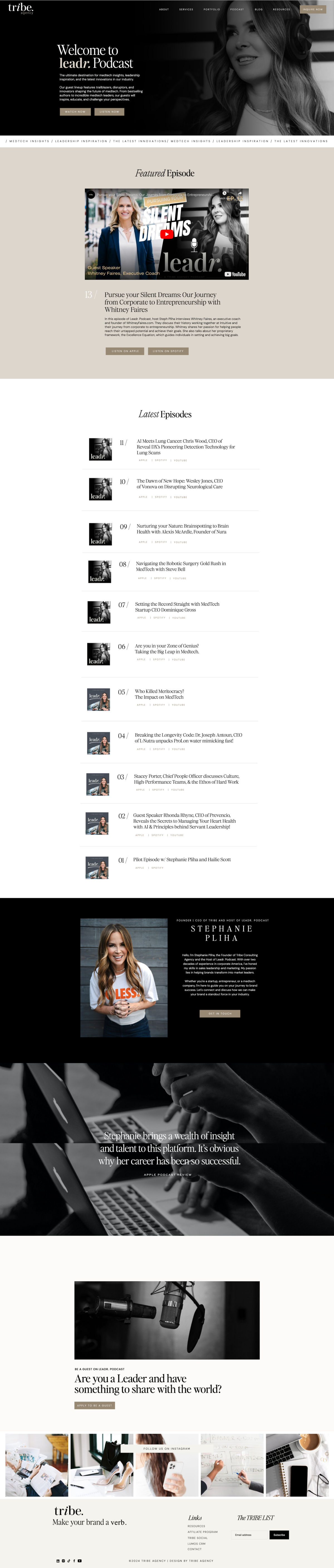 Podcast page layout for Tribe Agency featuring episode listings, guest highlights, and a modern, user-friendly design for listeners