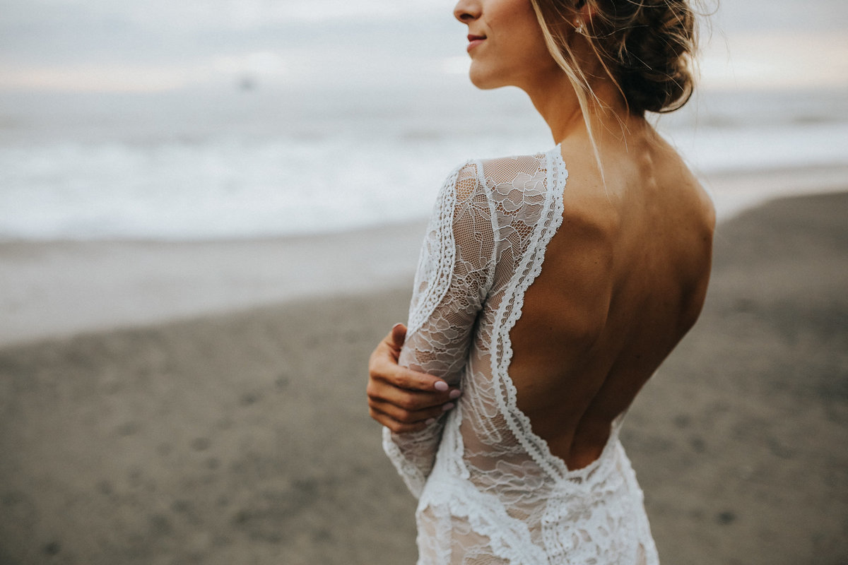 Bridal portrait during her elopement at Rialto Beach  on the moody beaches of La Push Washington