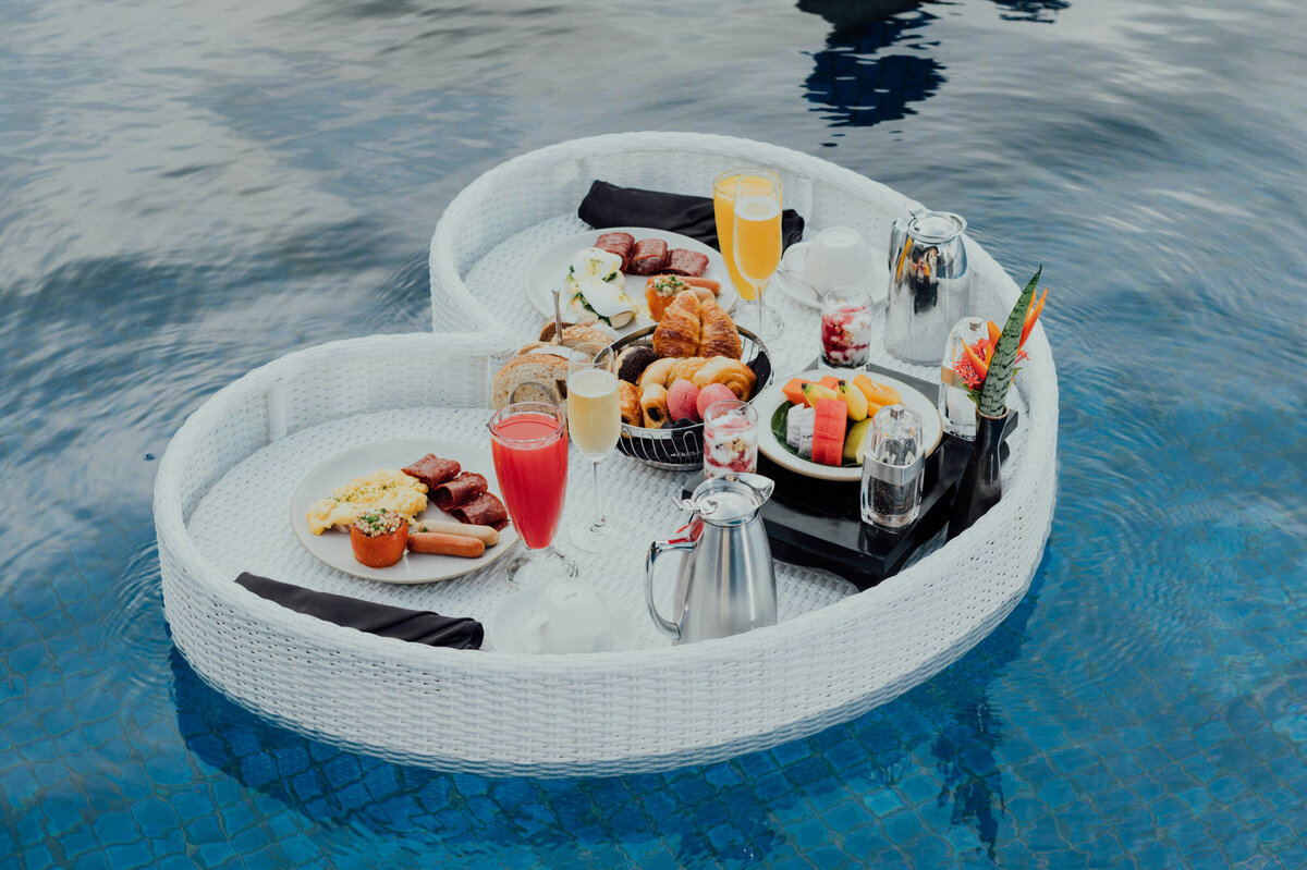 Floating heart shaped tray with foods and drinks