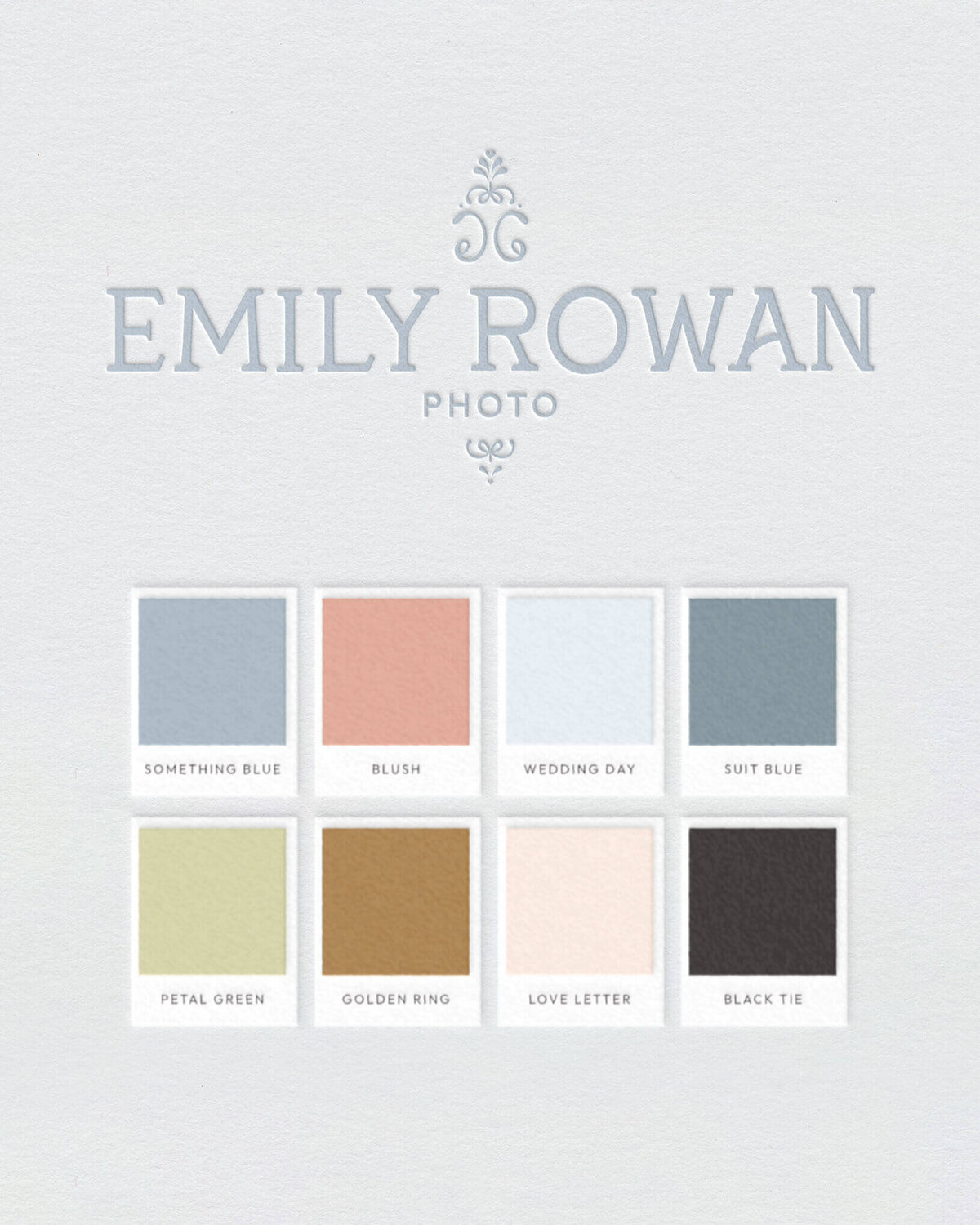 Muted pastel brand color palette for wedding photographer with romantic hues like blush, dusty blue, and petal green.