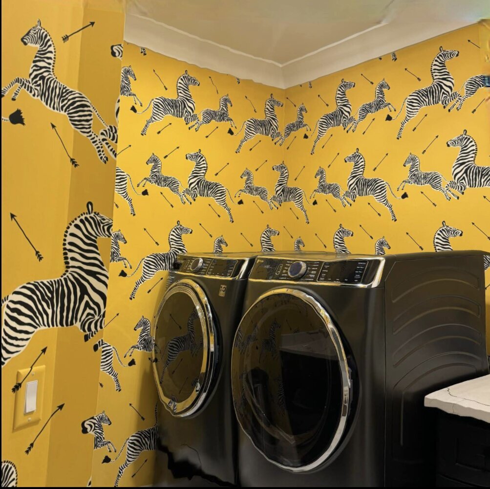 Scalamander Zebra Wallpaper  Modern Lake House Cornelius Interior Designer and Build  Charlotte NC Laundry Room