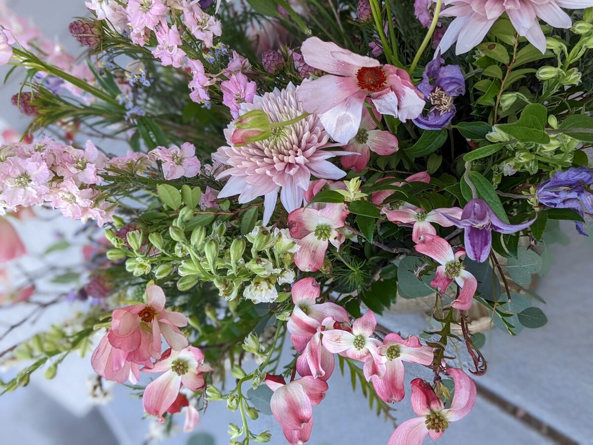 pink funeral flower arrangement enlarged