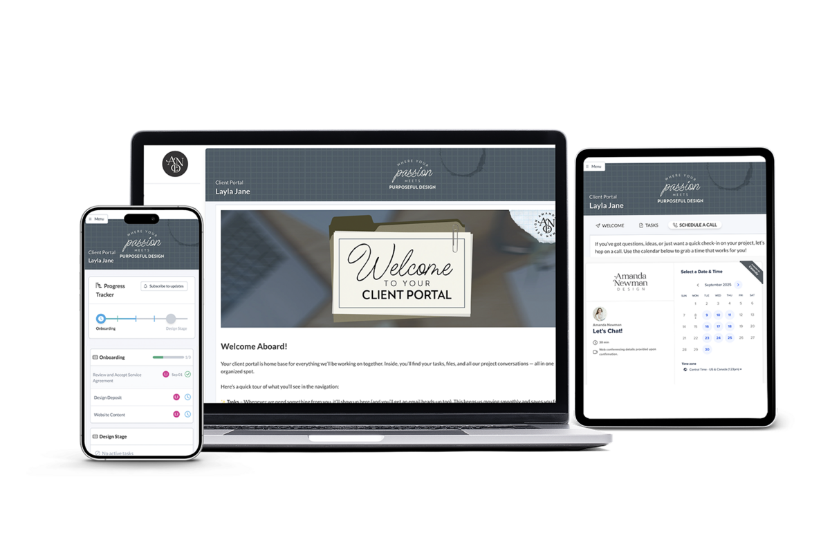 Laptop, phone and tablet views of Amanda Newman Design's custom client portal.