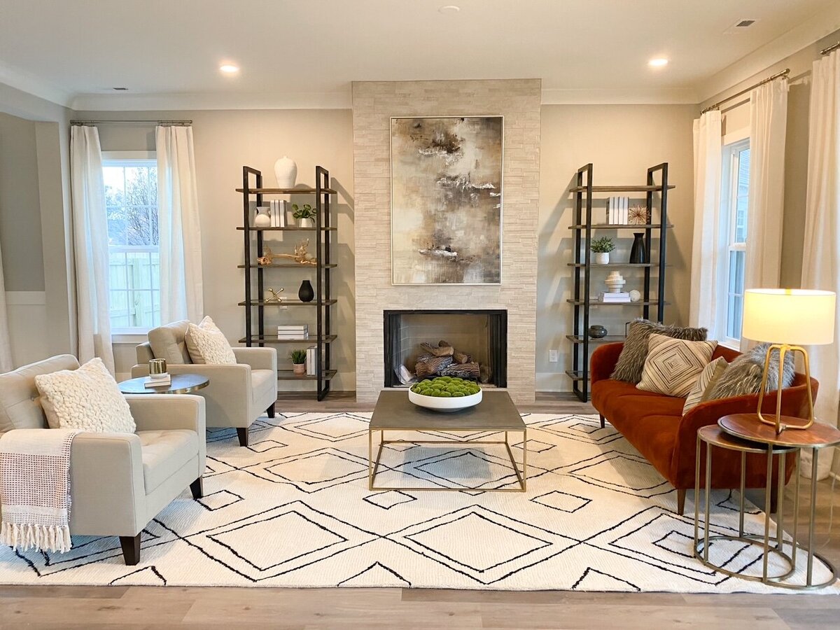 Living room design with bookcases on either side of fireplace