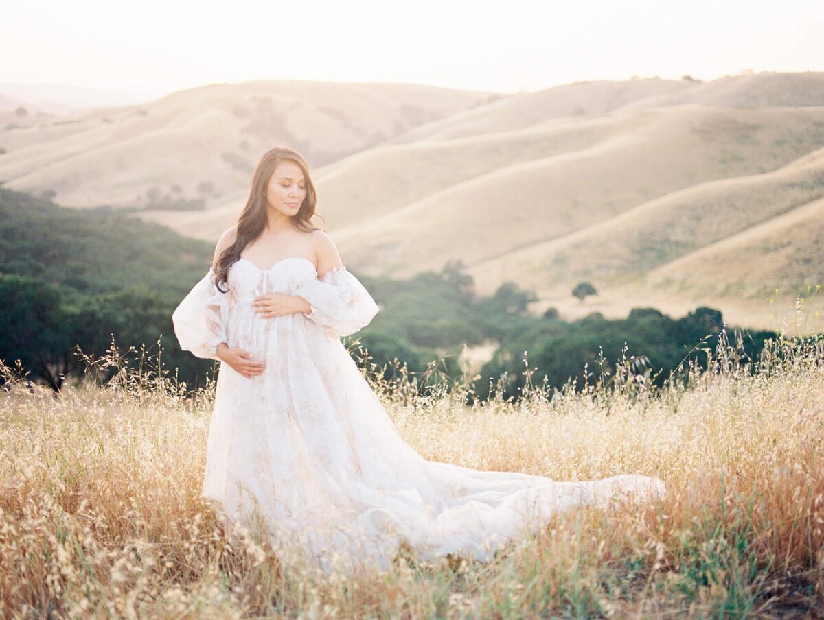 Pregnant woman framing her belly in a tulle dress taken by San Francisco Maternity Photographer Laurel Smith.