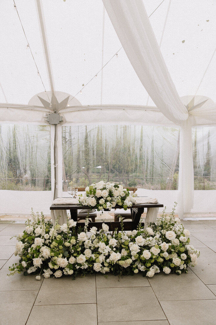 Sweetheart table, white and green flowers, cheese cloth, wood table, farmtable, white and green flowers