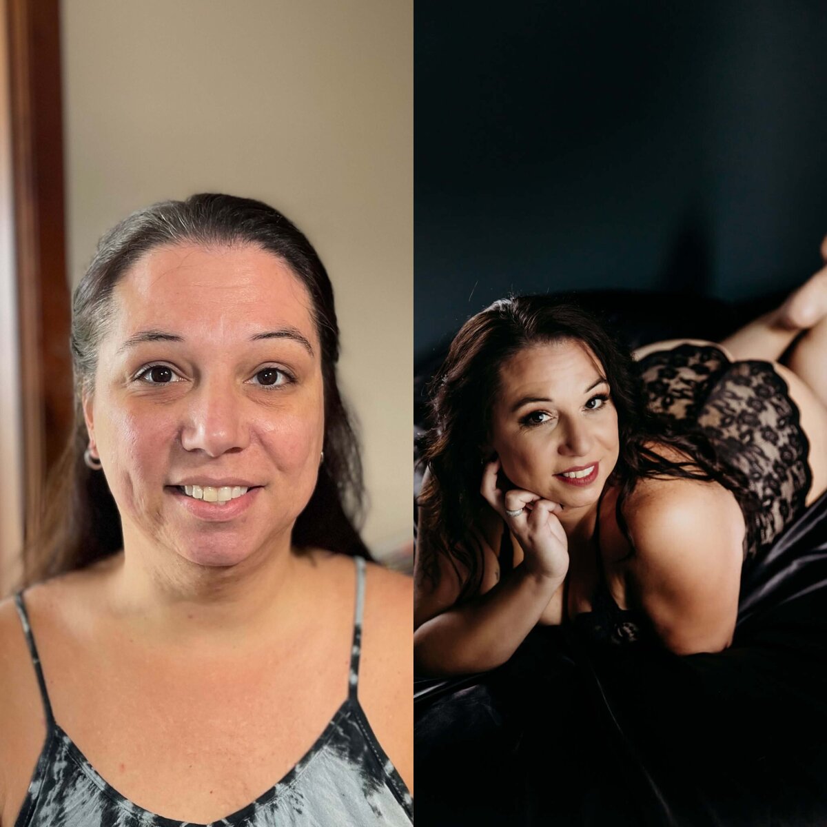 two images of a woman to show the difference professional make up offers for boudoir photography sessions