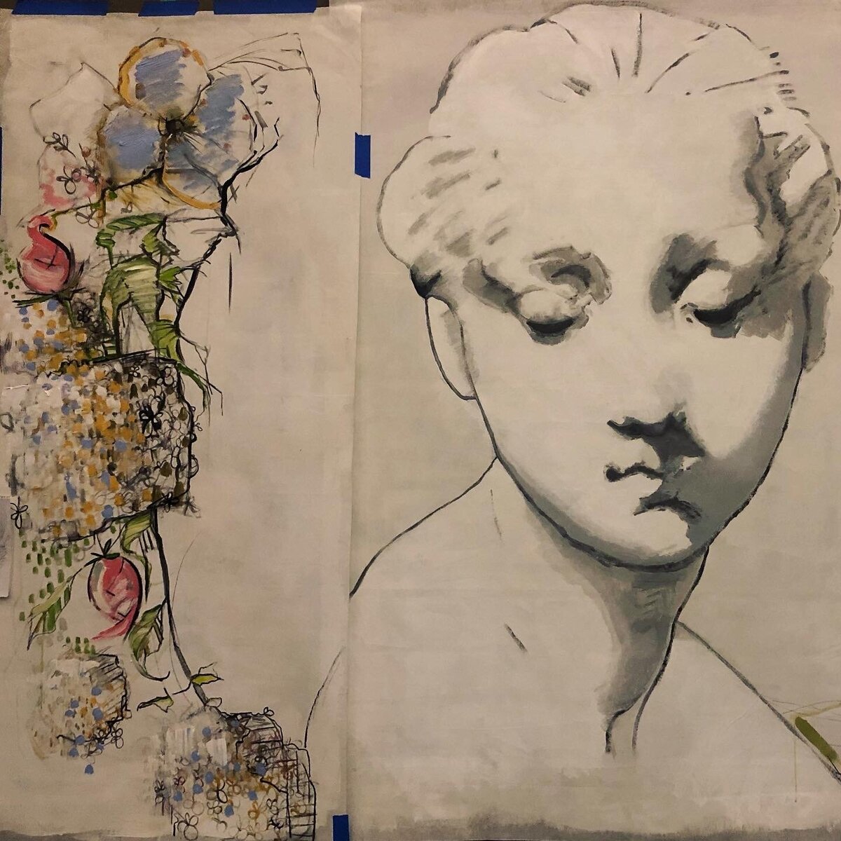 Close up of artist CamRose's flower and madonna figure art work