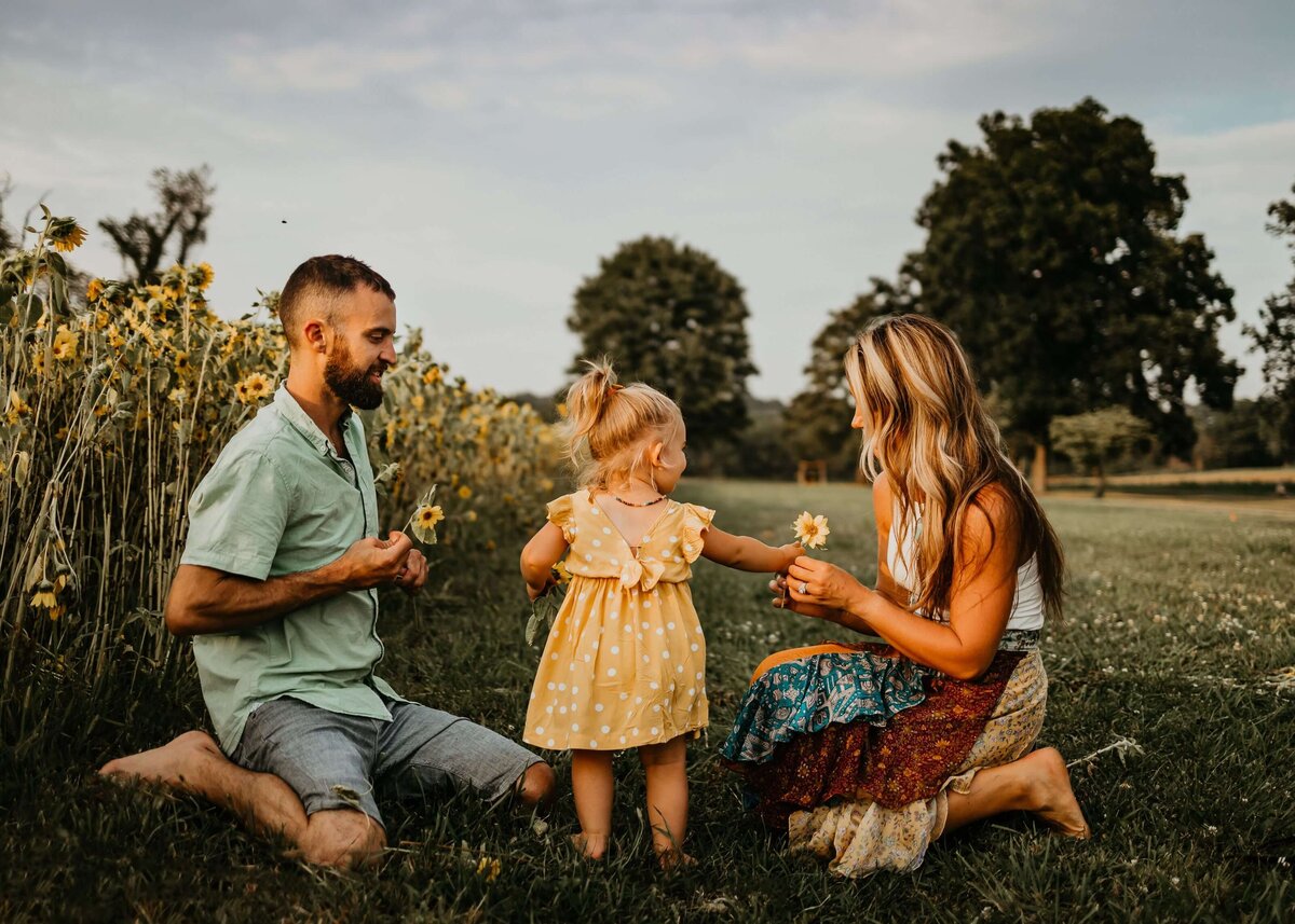 A family, with a little girl playing with dandelions, sits in a field captured by a Pittsburgh family photographer.