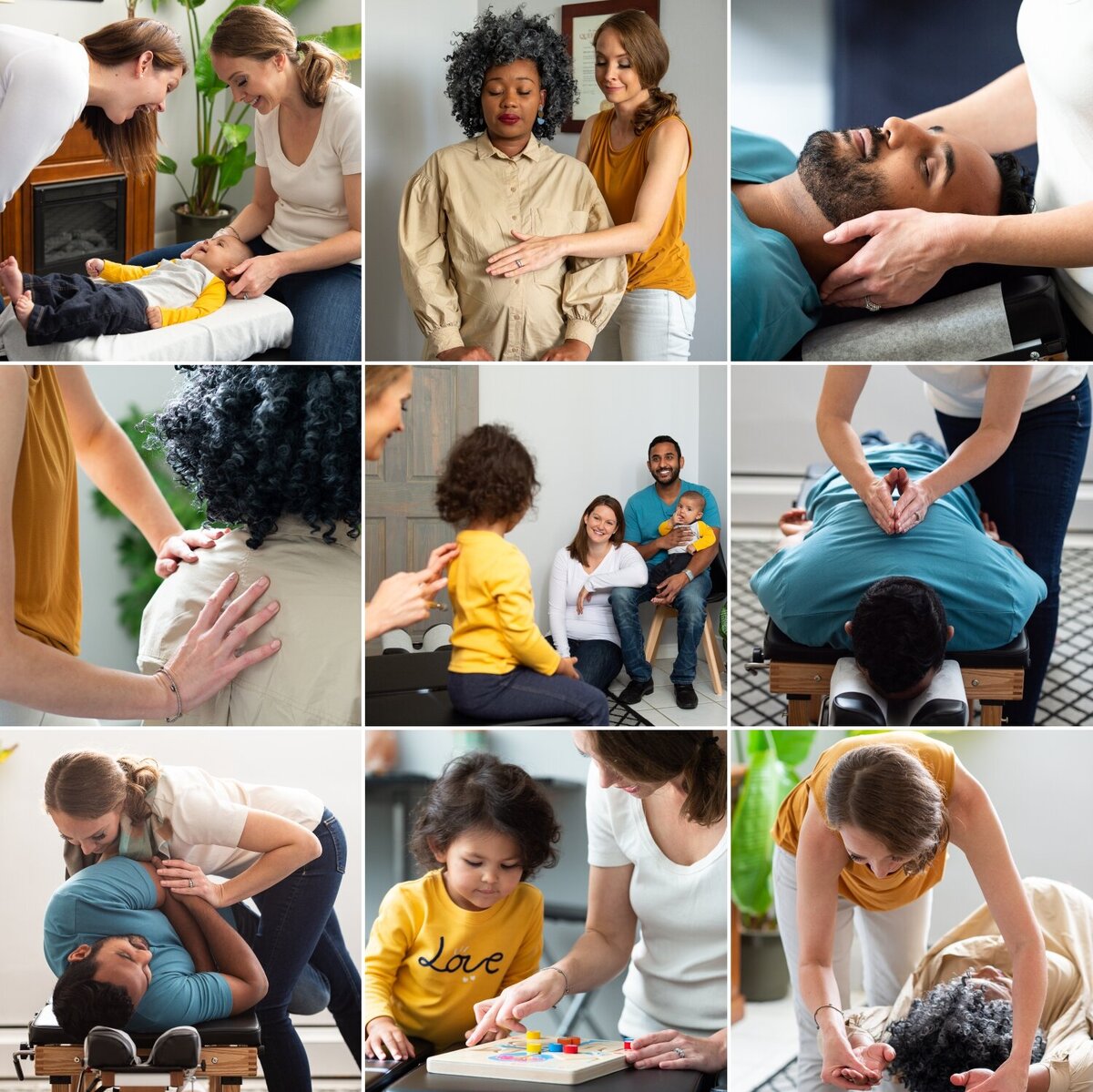 collage of branding photos for chiropractor showing her adjusting her clients