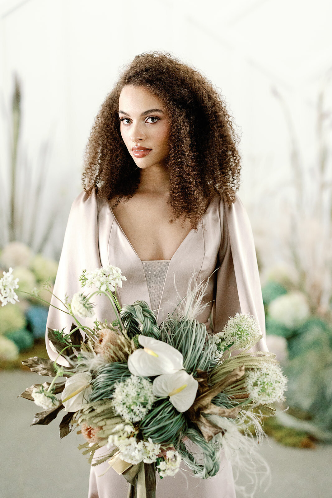 organic grass bouquet, white and green flowers