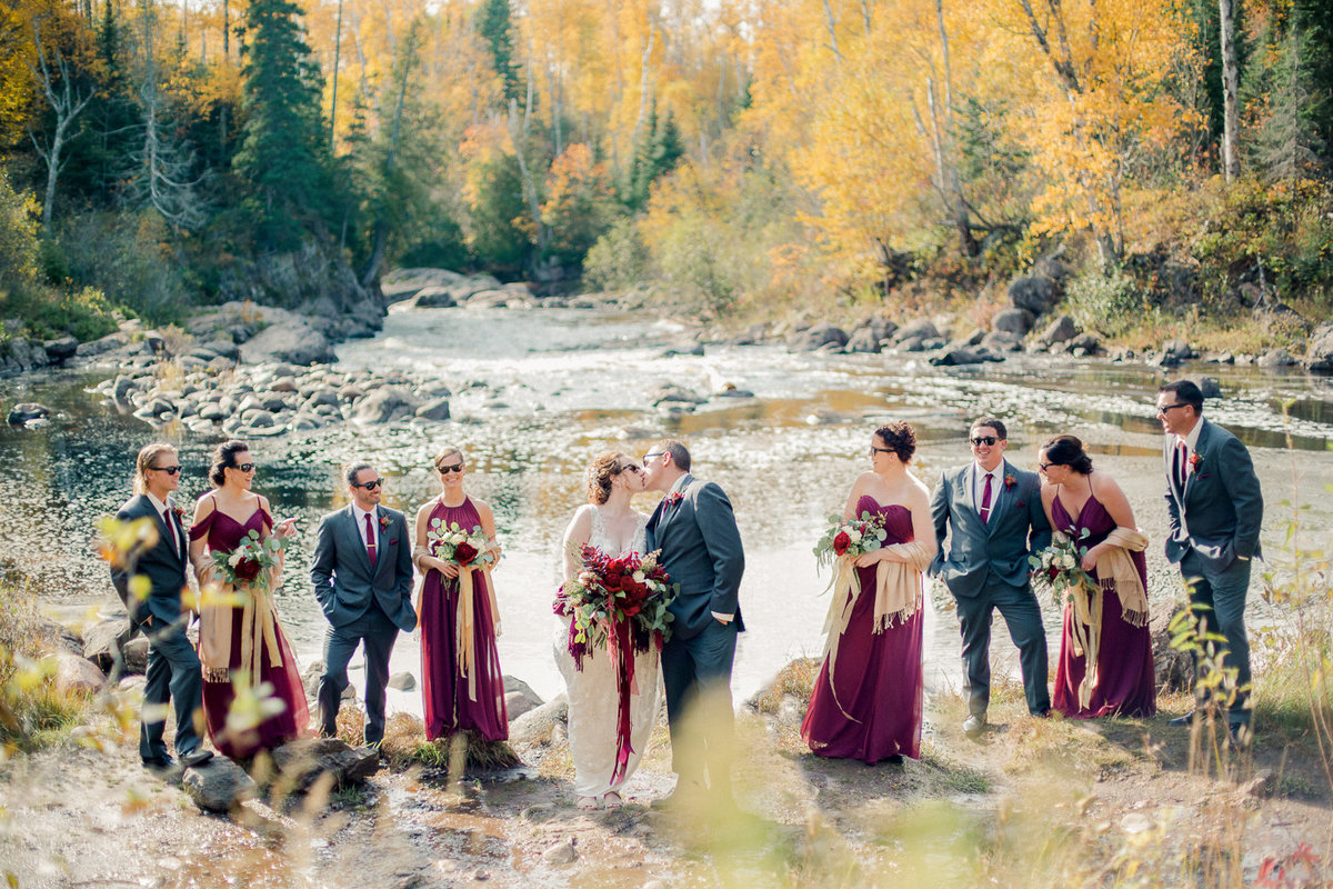 wedding party in navy and burgundy in state park fall wedding north shore minnesota