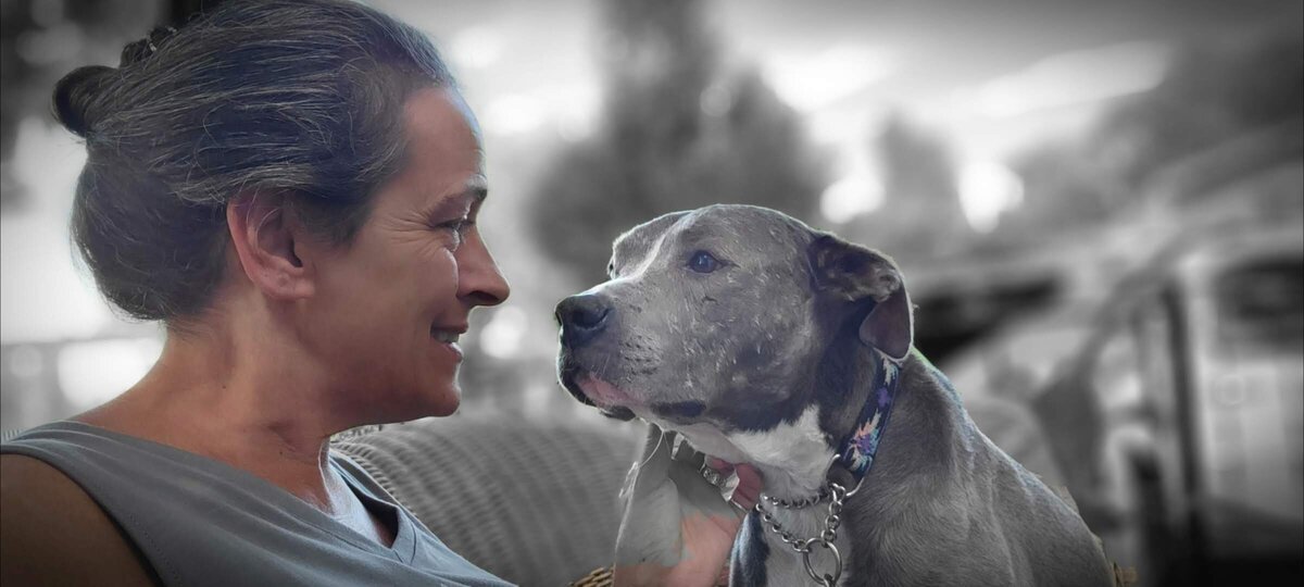 A woman looking lovingly at her grey pit bull