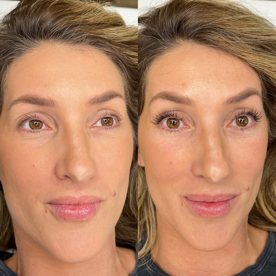 side by side before and after of lash extensions