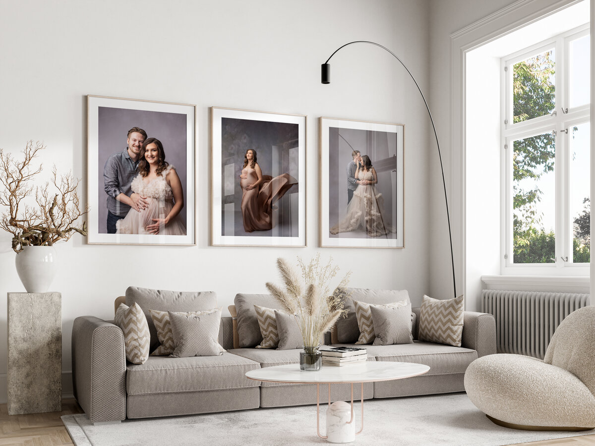 beautiful maternity wall art mock up in brightly lit room