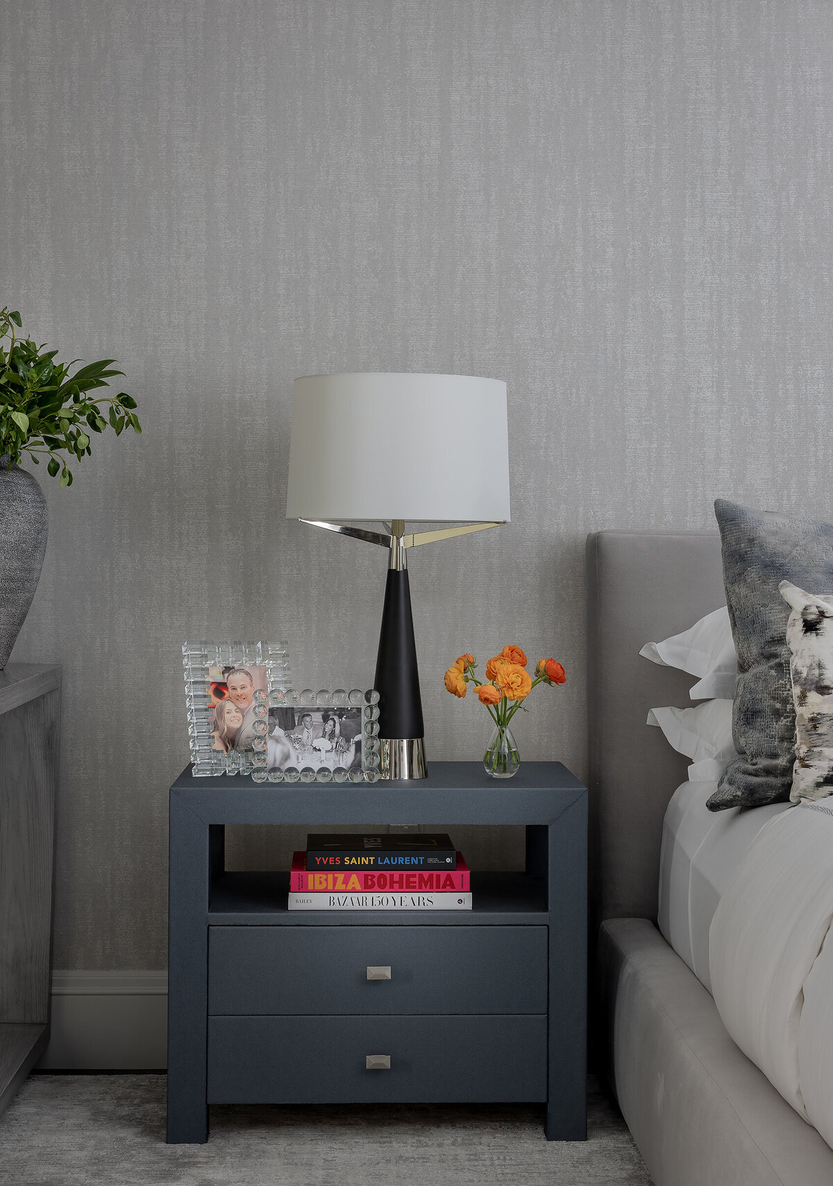 Modern bedroom nightstand styling in Wellesley with layered textures and curated decor