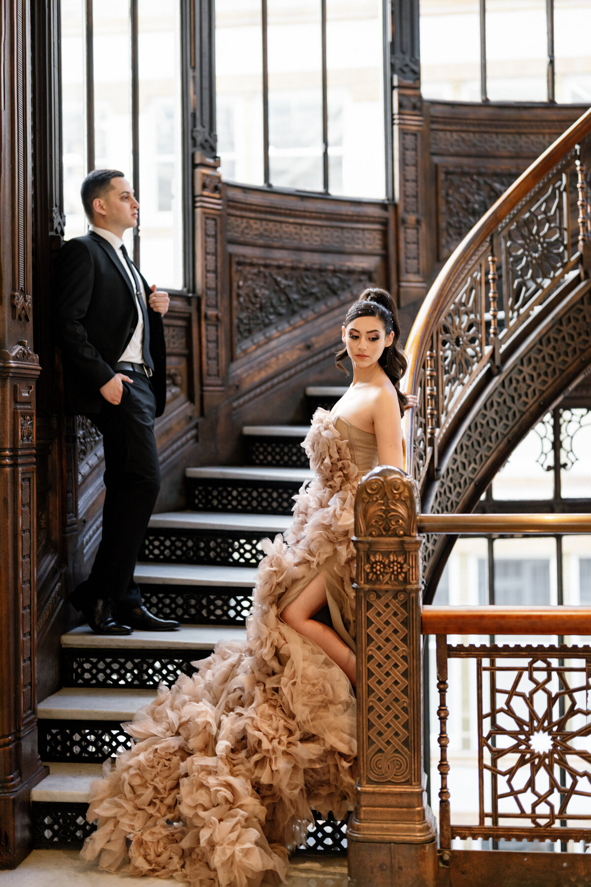 Aspen-Avenue-Chicago-Wedding-Photographer-Rookery-Engagement-Session-Histoircal-Stairs-Moody-Dramatic-Magazine-Unique-Gown-Stemming-From-Love-Emily-Rae-Bridal-Hair-FAV-1