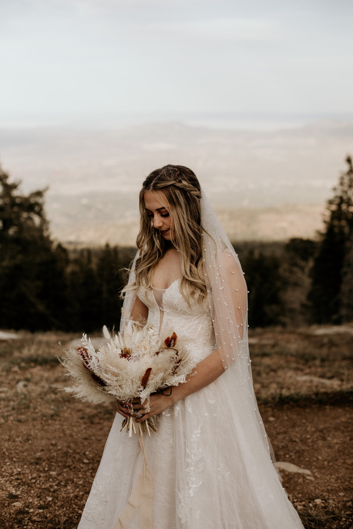 bride holding bouquet on top of mountain