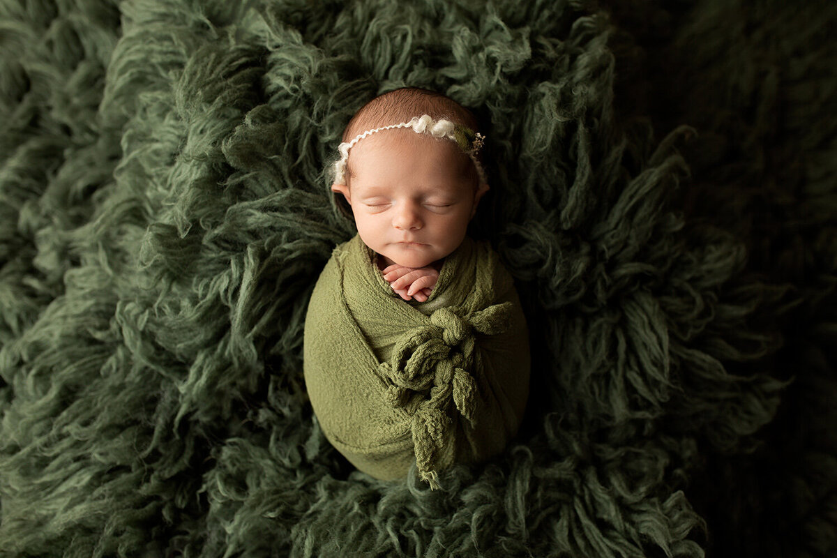 swaddled newborn sleeping on green fur