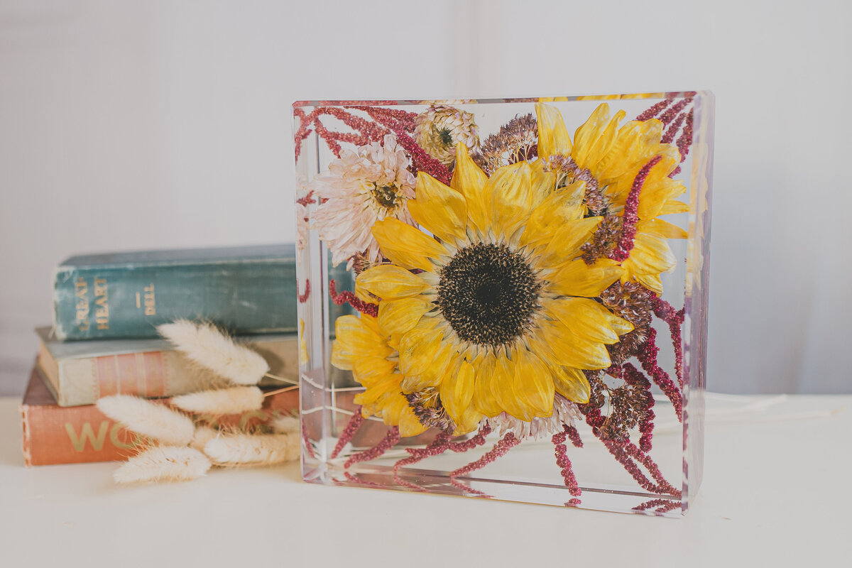 sunflowers and dahlias preserved in resin