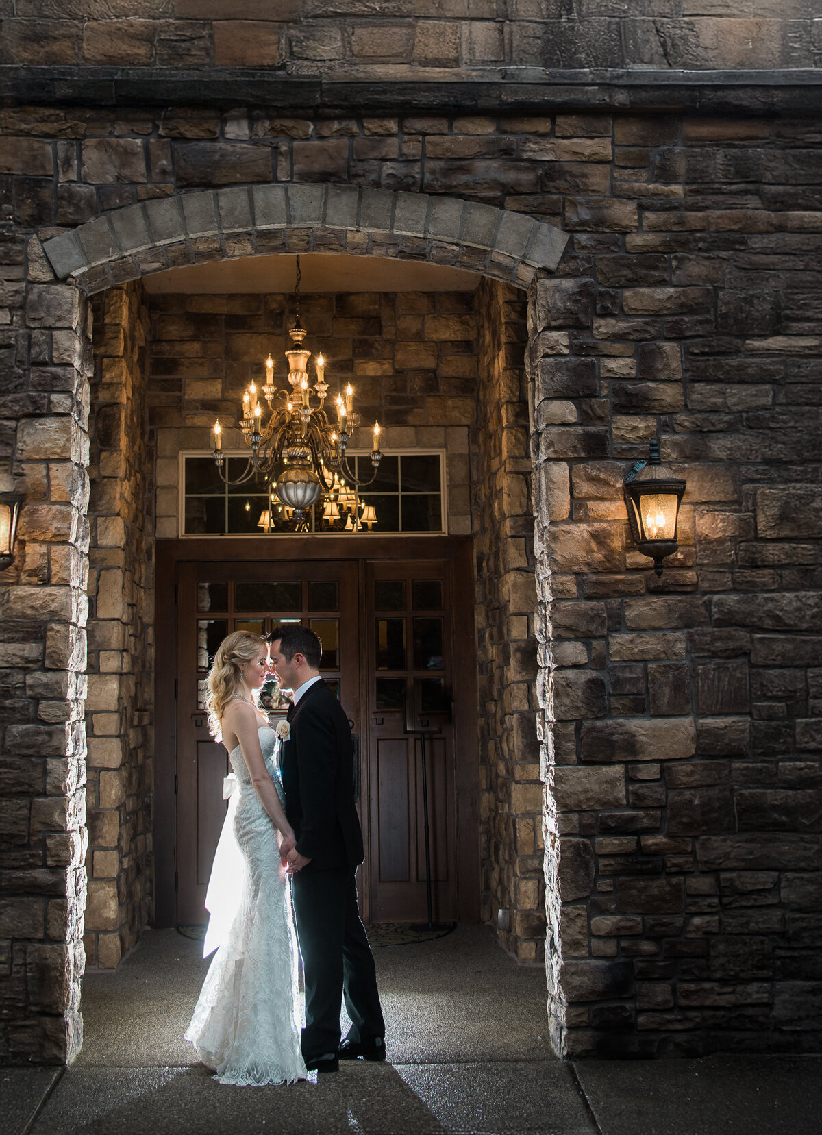 backlit bride and groom during golden hour at the aerie at eagle landing wedding venue