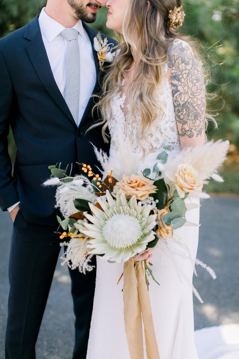 Love & Luster Floral Design protea toffee roses dried flowers wedding bridal bouquet with silk ribbon
