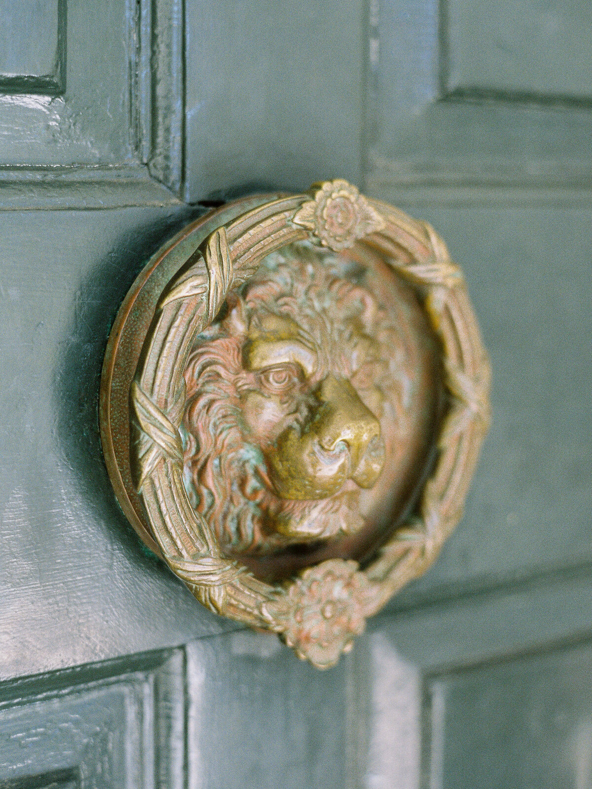 brass lion knocker on green door