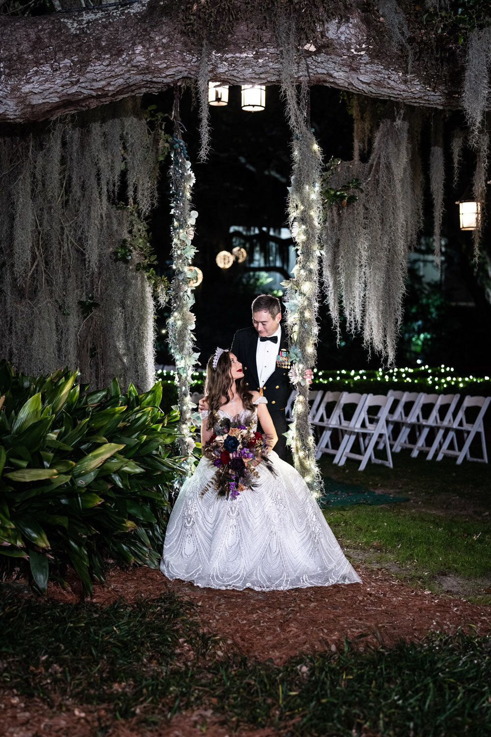 Couple by tree swing at Southern Oaks