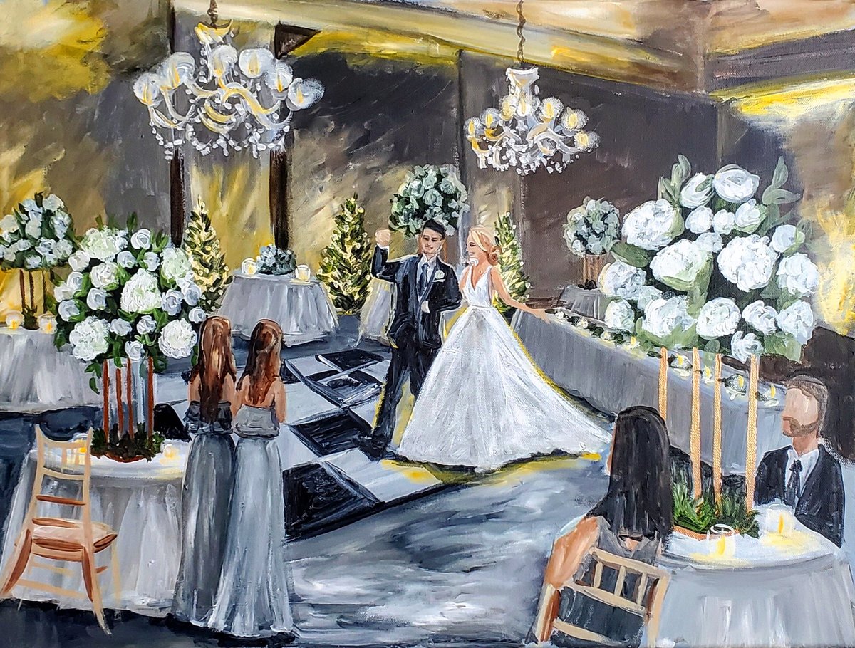 Christmas live wedding painting in Norfolk, Virginia. Bride and groom enter their reception with excitement.