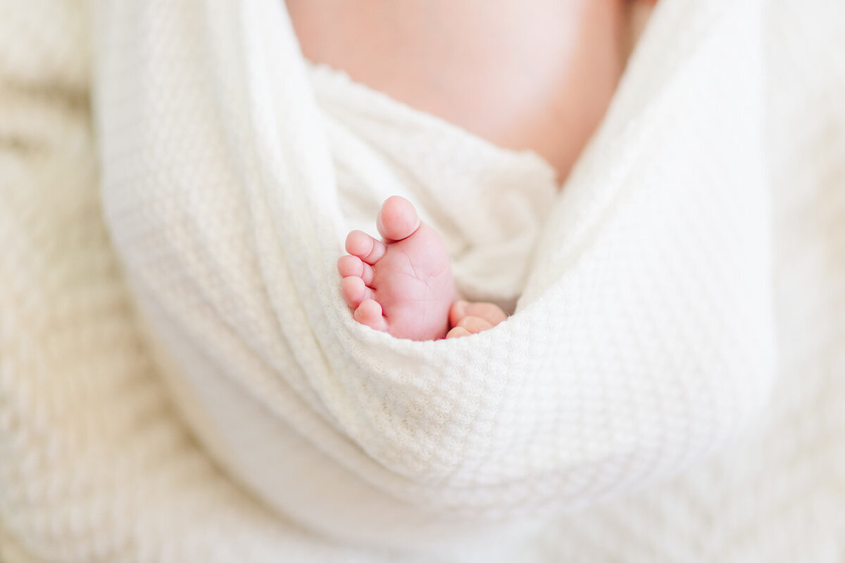 Newborn detail photo of baby’s tiny hands and feet