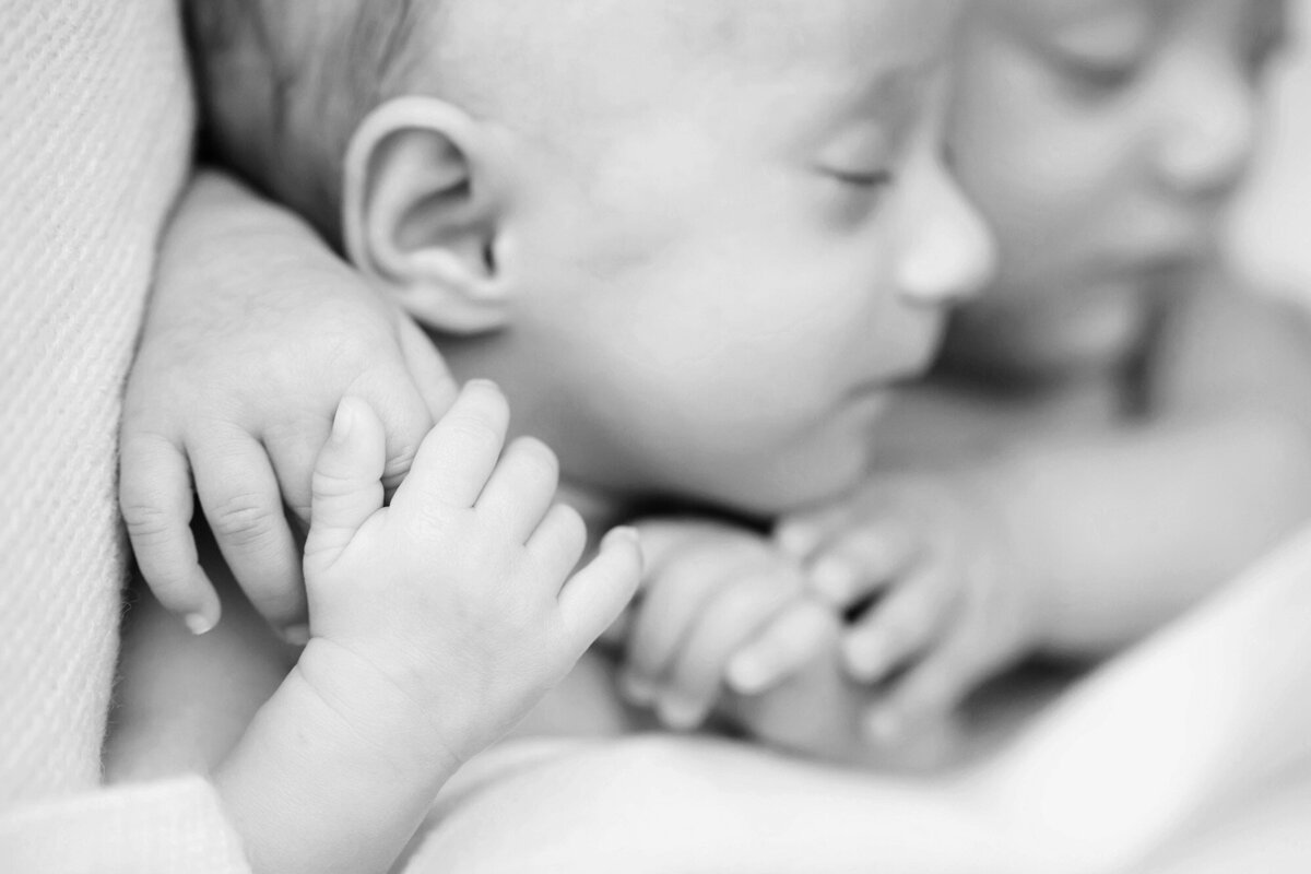 louisville ky newborn photos with twin holding hands, taken by Julie Brock