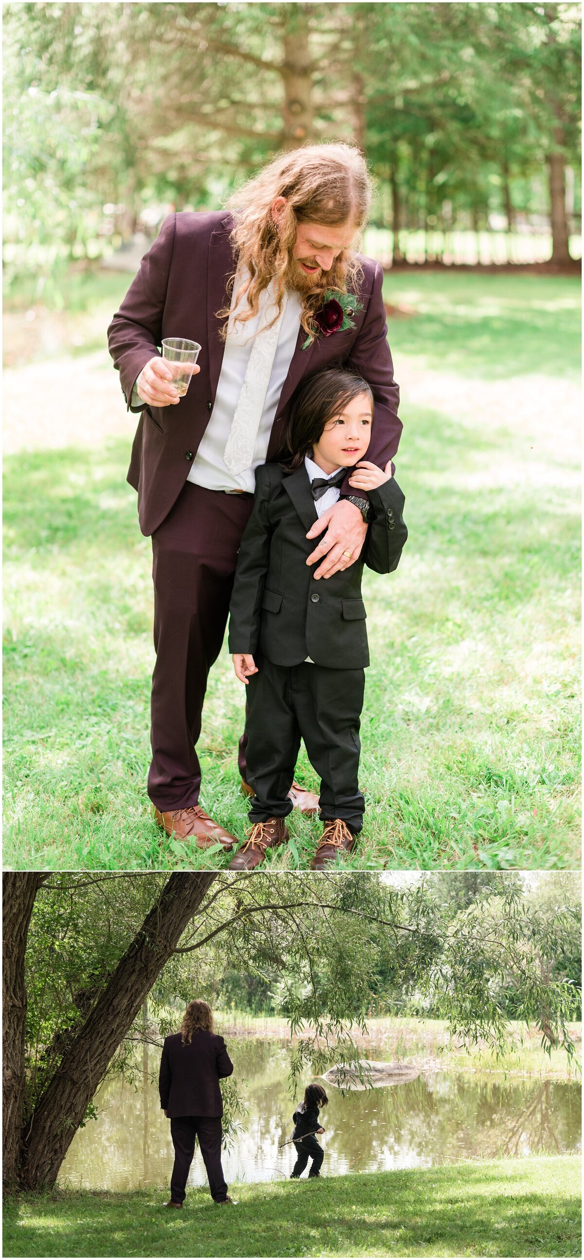 Candid outdoor portrait of the groom wearing his suit, long hair
