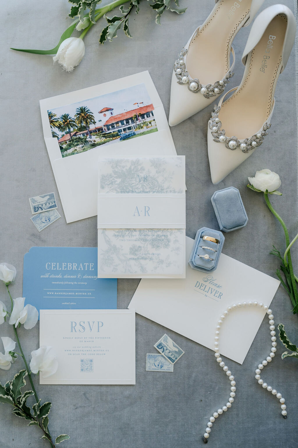 something blue design, flat lay, light blue flowers  