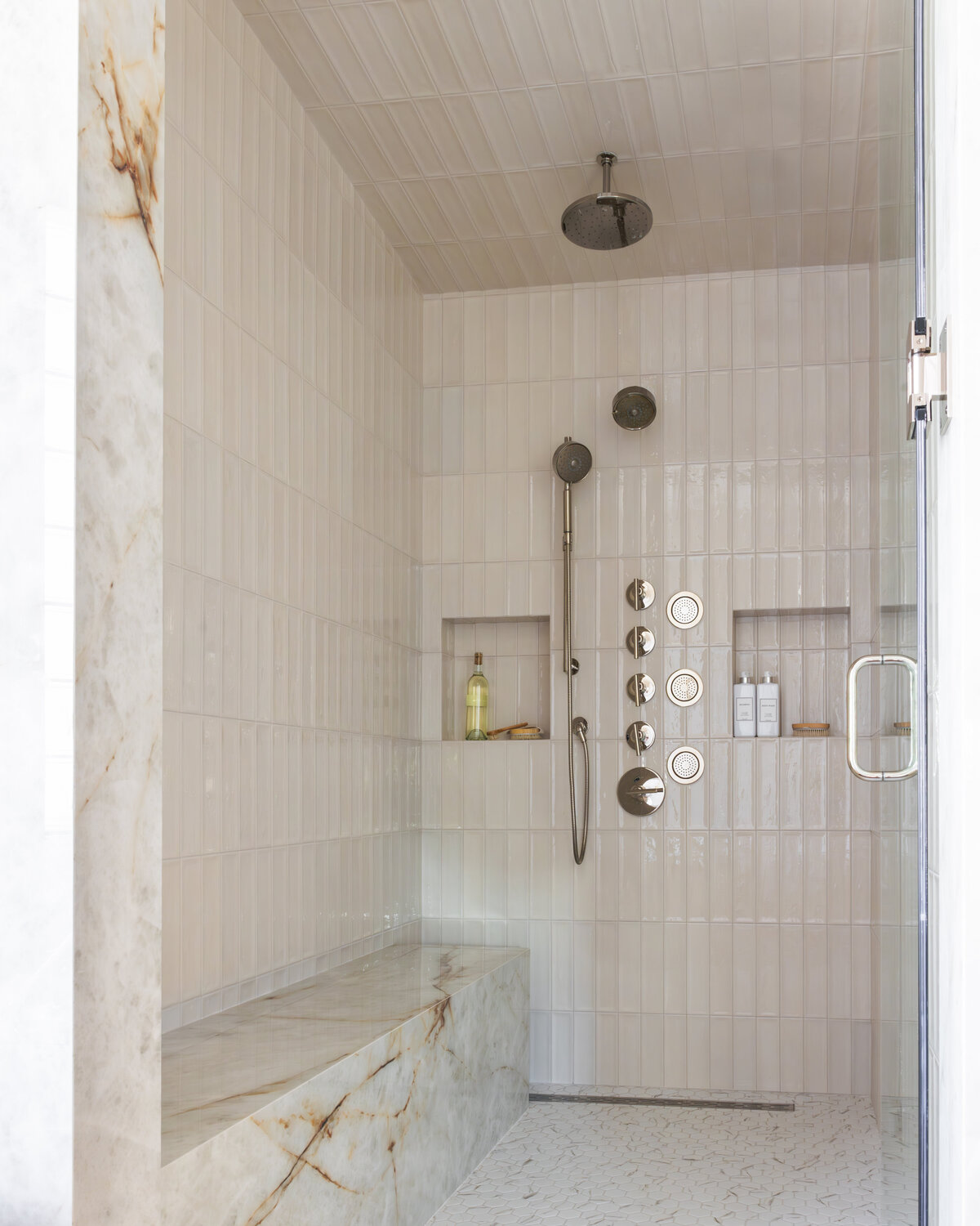 kyleen bushroe interiors cream tiled shower