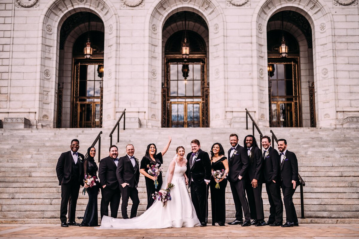 classic wedding portrait on library steps in st louis missouri