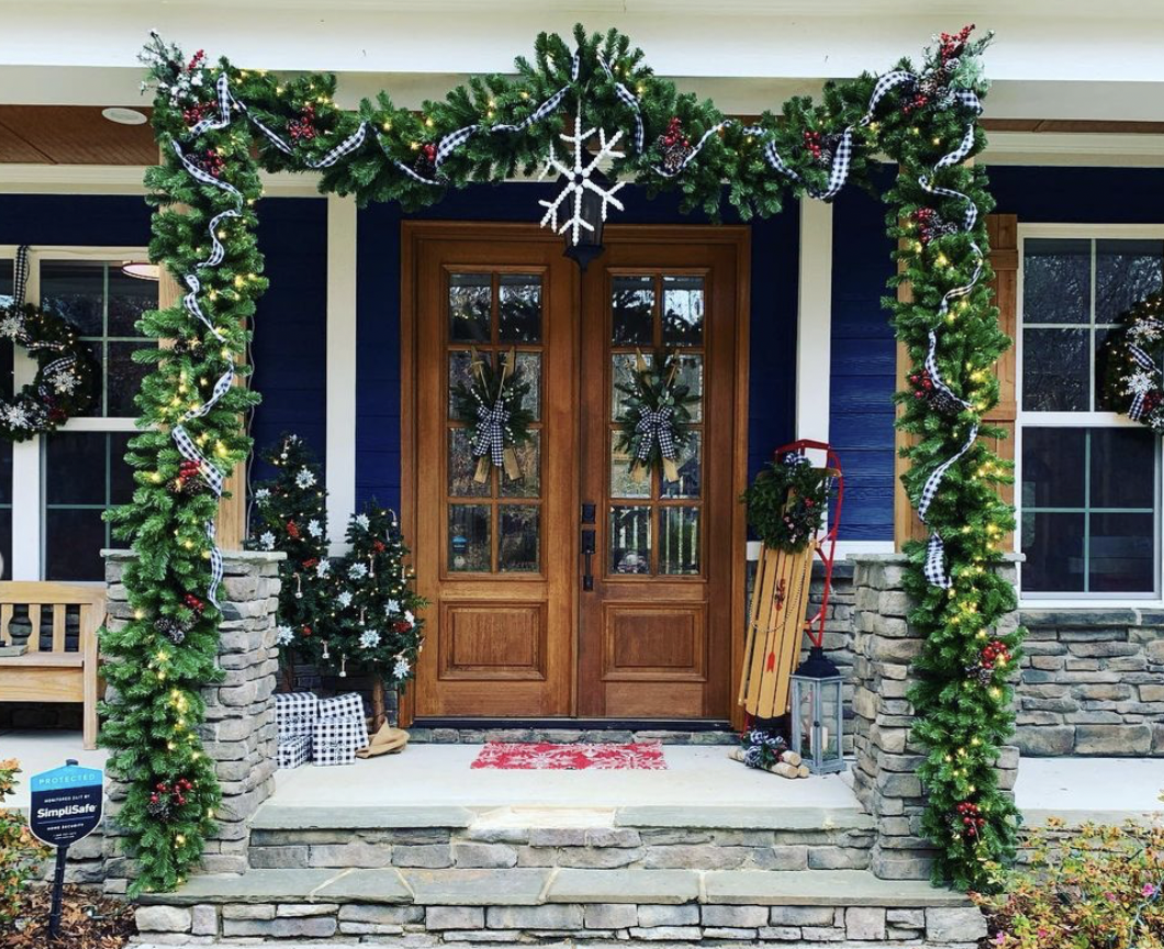 Christmas porch decorations, garland, wreath, lights, winter decor