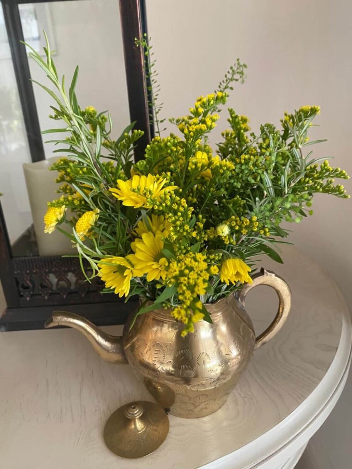 Garden Flowers in a vintage gold tea pot