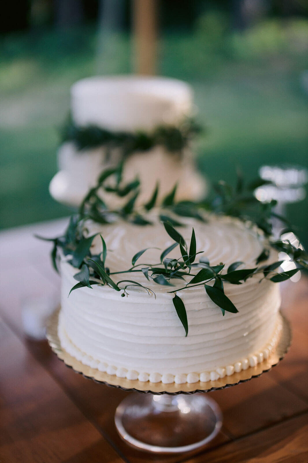 A one-layer white wedding cake, decorated with green leaves positioned in a circle on top, in Cape Cod Summer Tent, MA