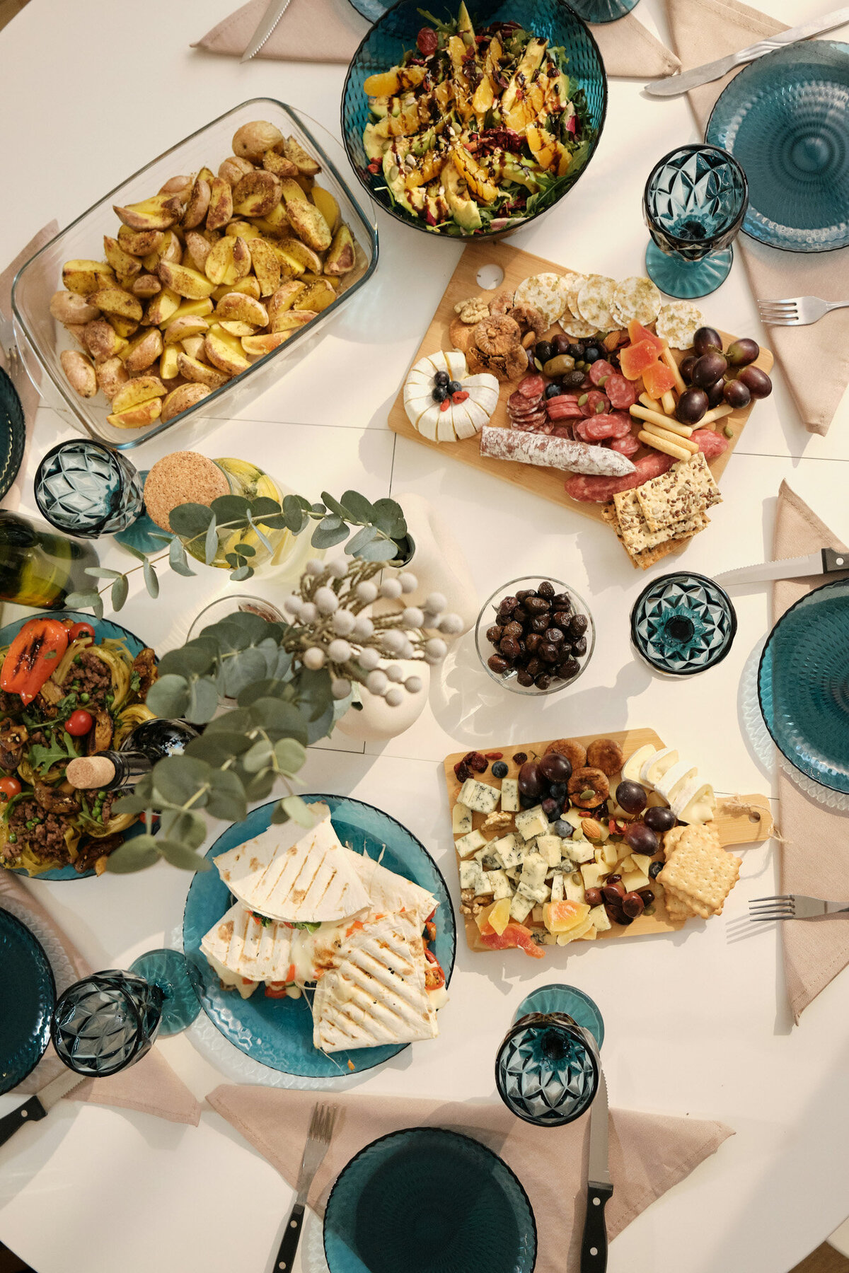 table set with a variety of foods