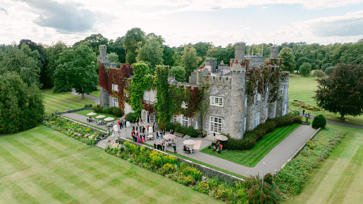 A aerial drone wedding phoo of Luttrellstown Castle in Dublin Ireland