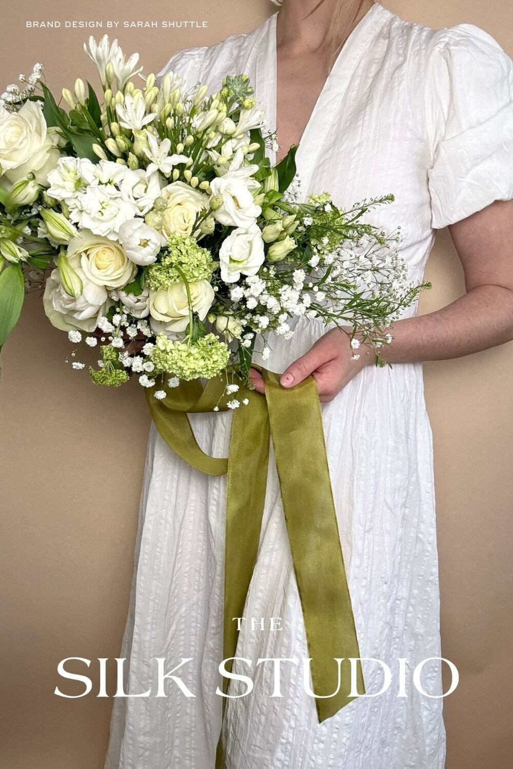 Wedding bouquet tied with The Silk Studio silk ribbon and logo design overlaid — branding by Sarah Shuttle