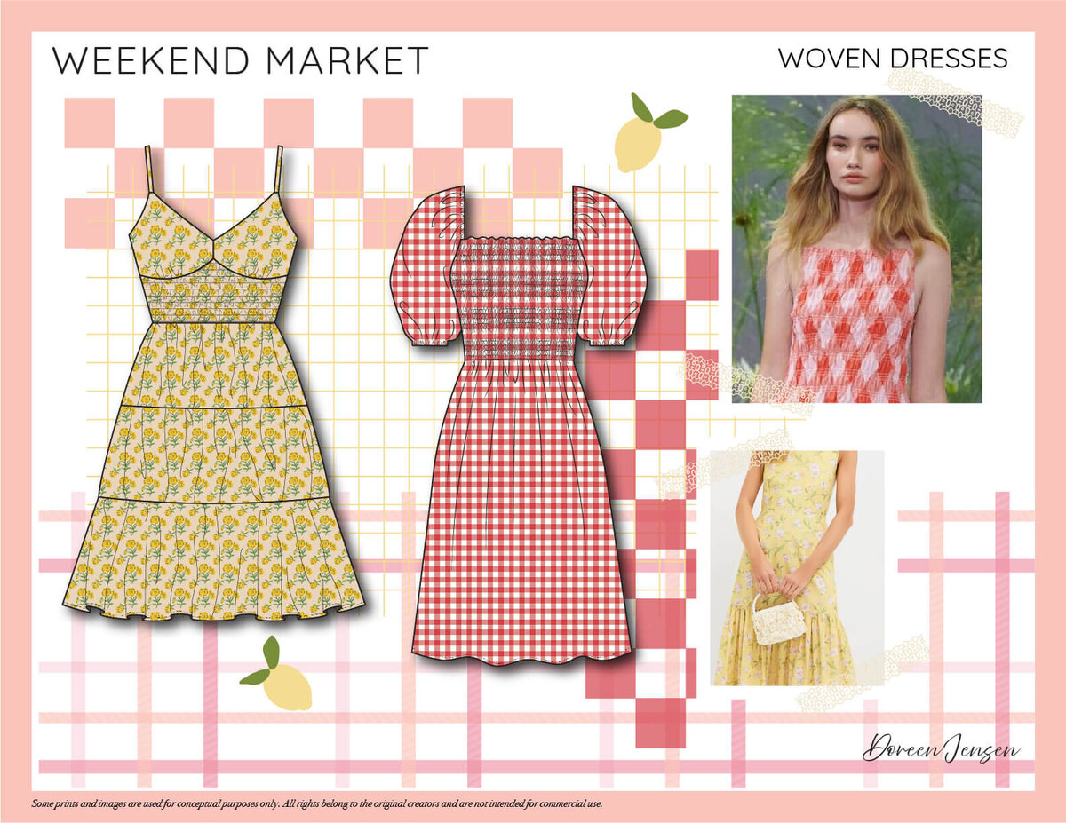 Flat sketches of women’s woven dresses in yellow floral and red gingham prints designed by Doreen Apparel for the Weekend Market collection.