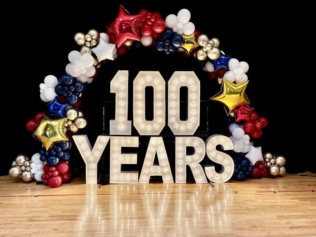 100 YEAR BALLOON DECOR LIGHT UP LETTERS WITH ORGANIC ARCH