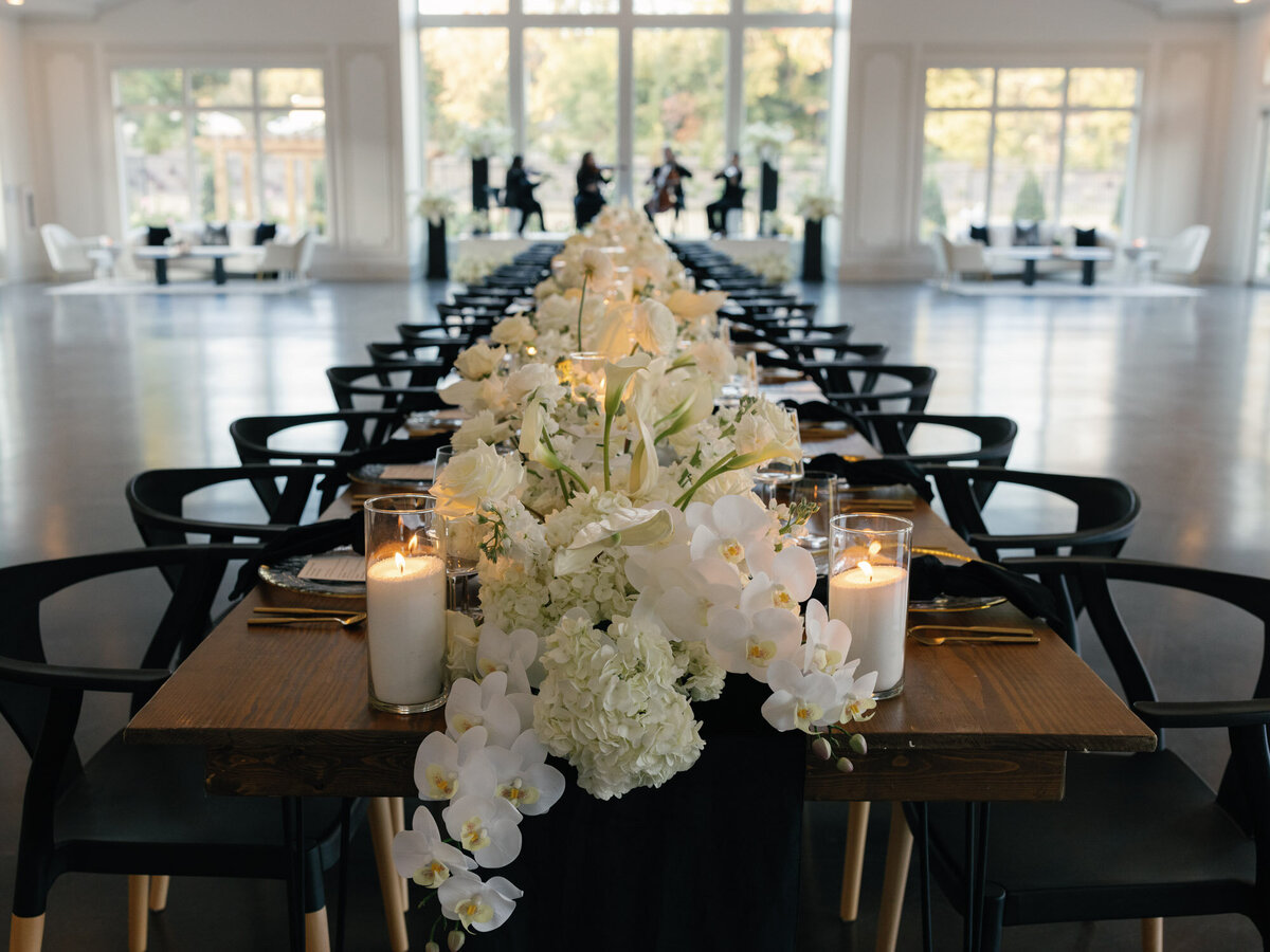 Modern with a hint of rustic wedding reception design at Donovan Manor Ballroom. 