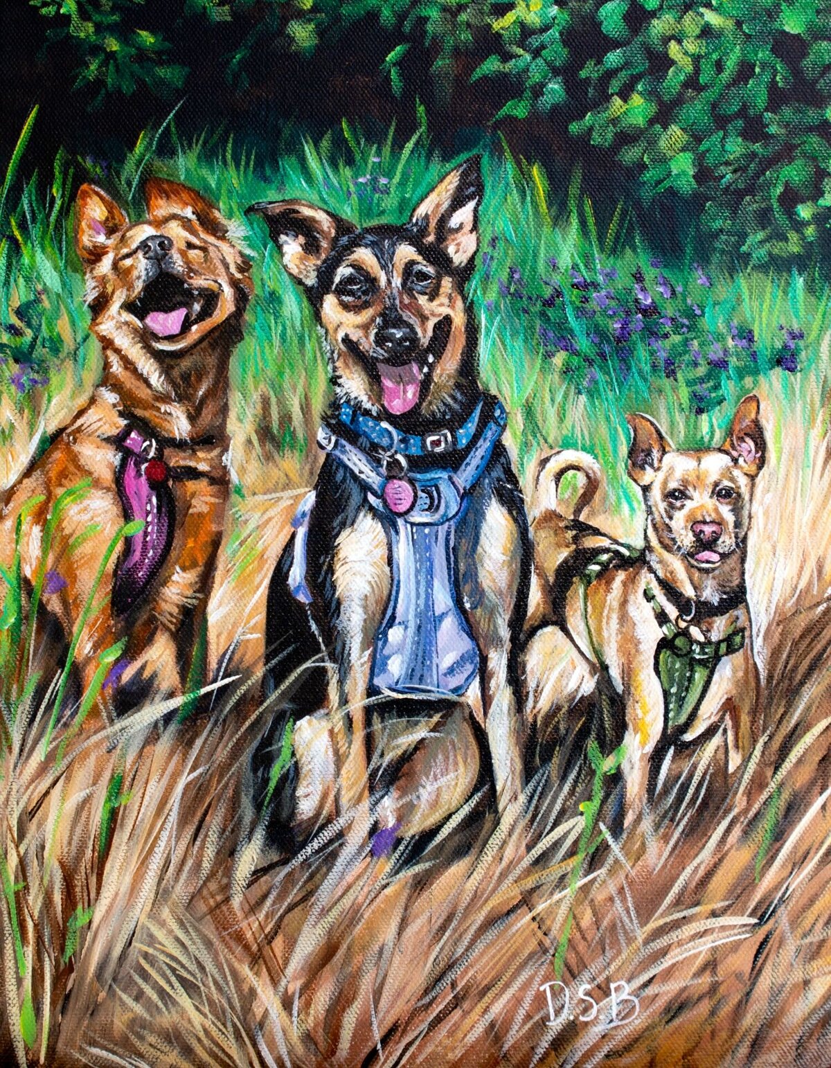 Three dogs painted as a commissioned painting