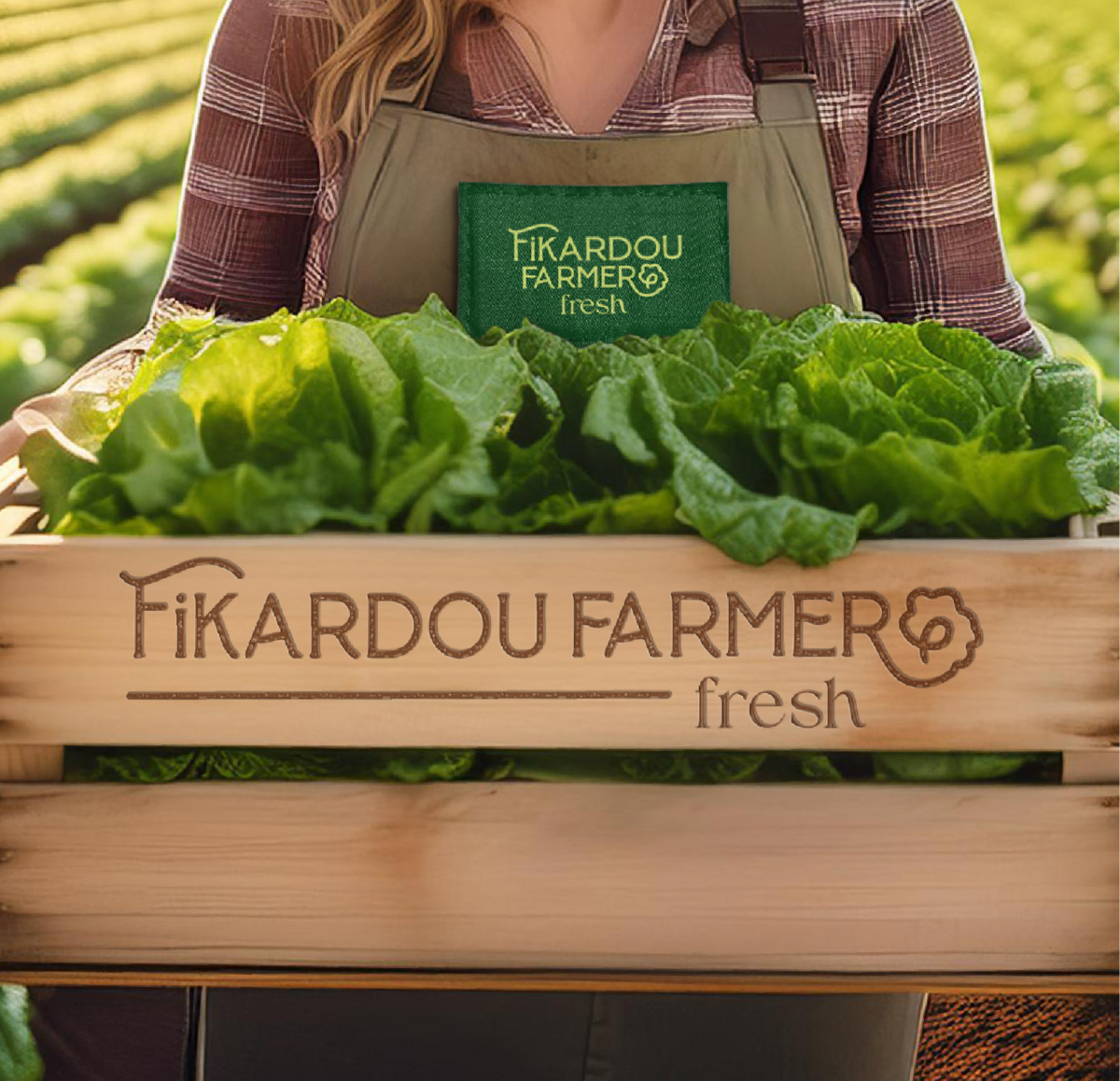 fikardou farmer fresh images crate with fresh produce lady wearing an apron carrying lettuce branding design