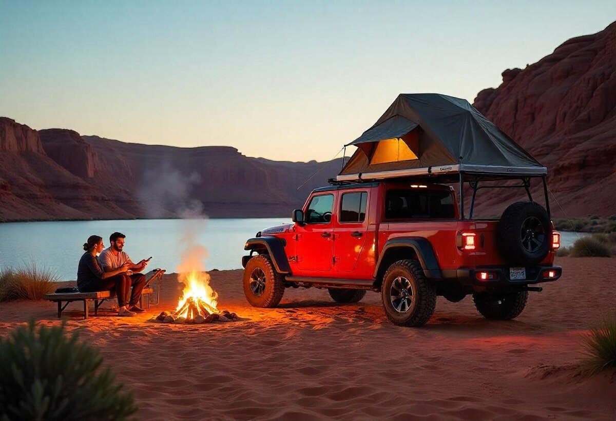 A Jeep with a rooftop tent parked beside a glowing campfire at the edge of Lake Powell, surrounded by red rock formations, offering a luxury overland glamping experience in the Southwest