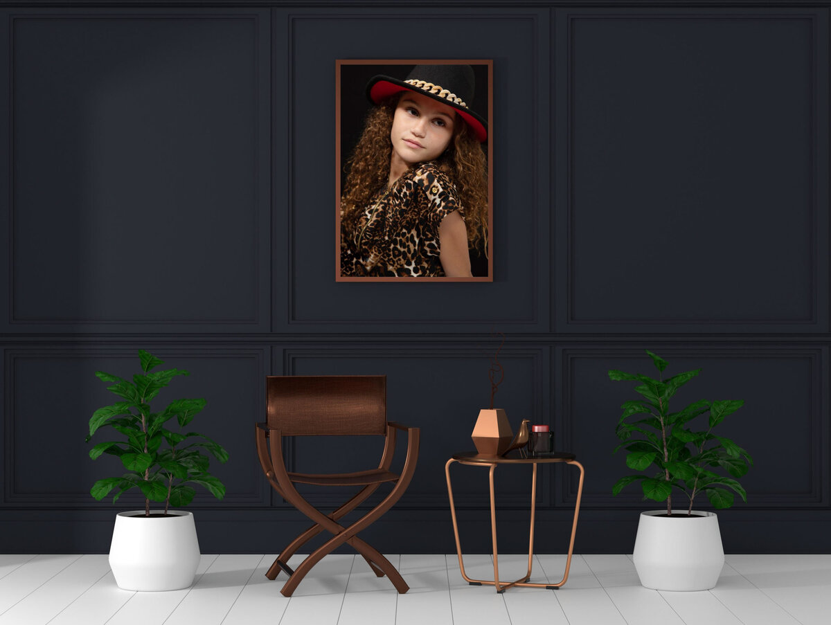 Framed wall art - girl wearing leopard print and hat-17