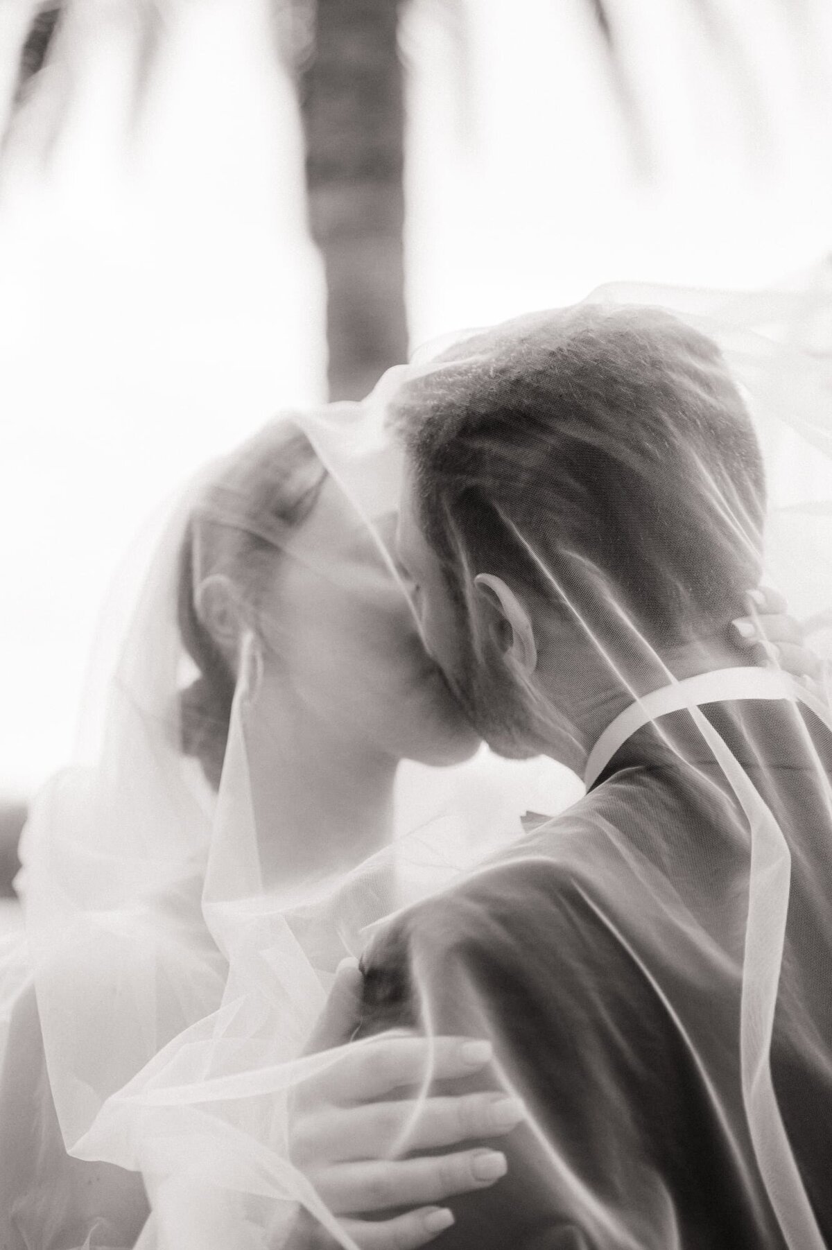 Bride and Groom kissing with the veil over both of them