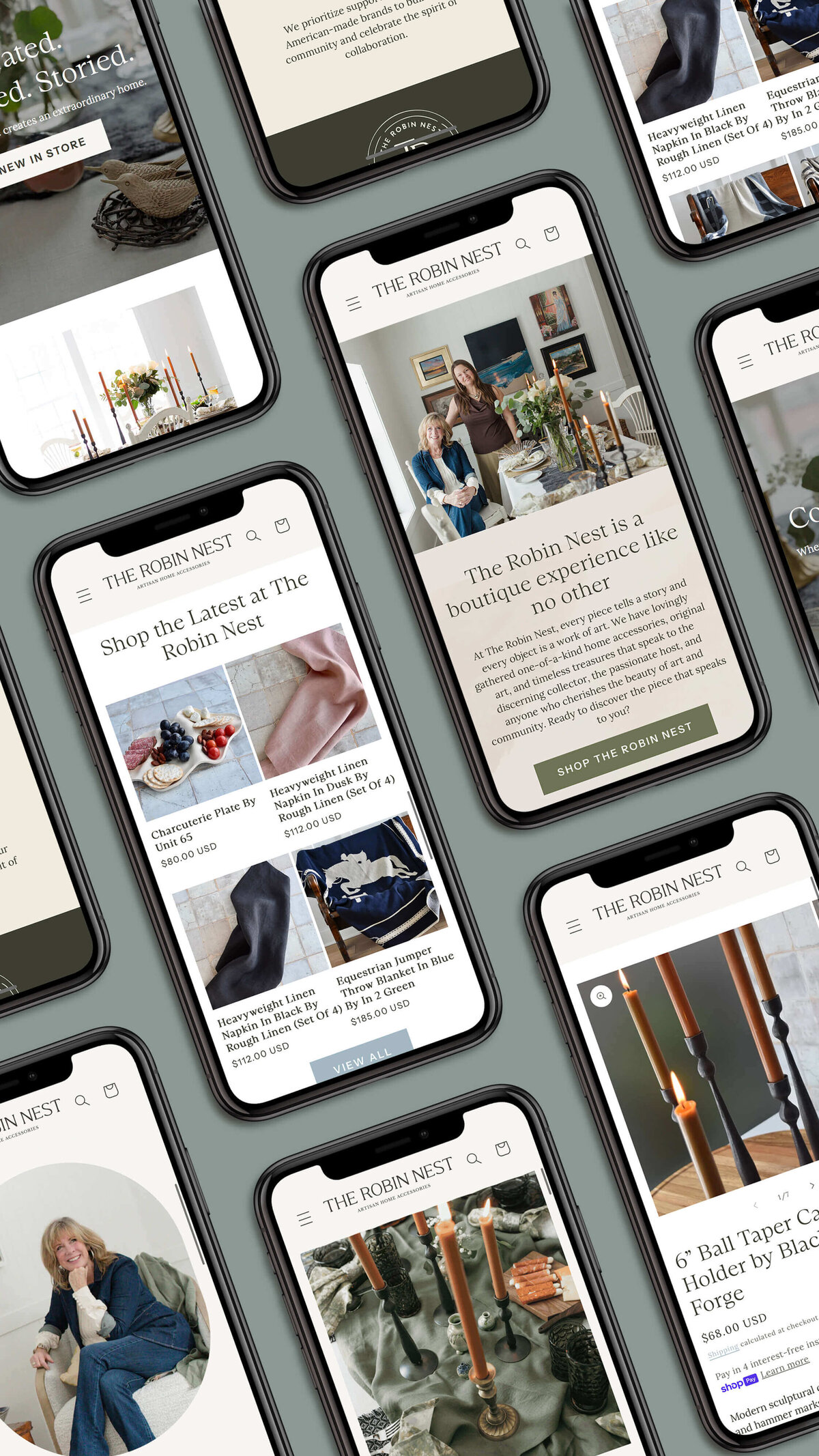 Refined mobile site design with earthy tones, editorial layout, and boutique-inspired UX for a high-end artisan shopping experience.